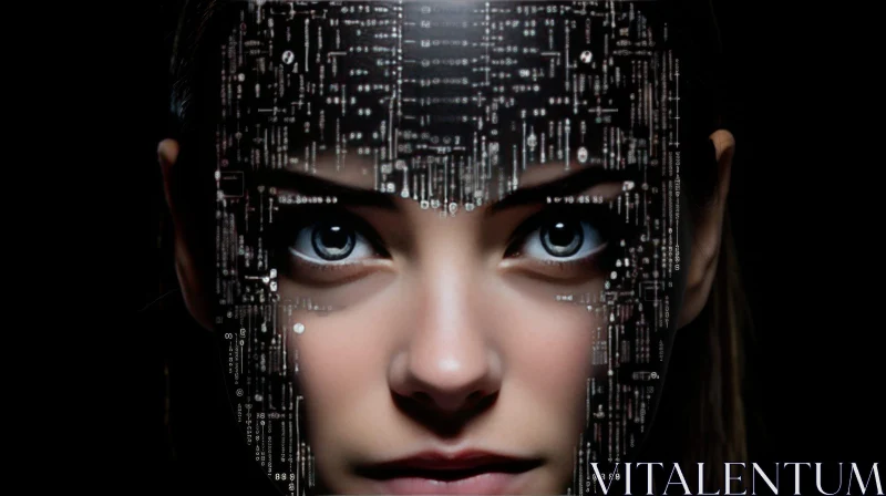 AI ART Intense Portrait of Young Woman with Circuit Board Overlay