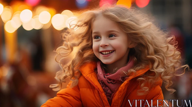 Joyful Girl Portrait in Orange Jacket and Pink Scarf AI Image