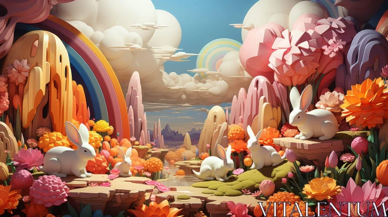 Whimsical Surreal Landscape with Rabbits in Vibrant Meadow AI Image