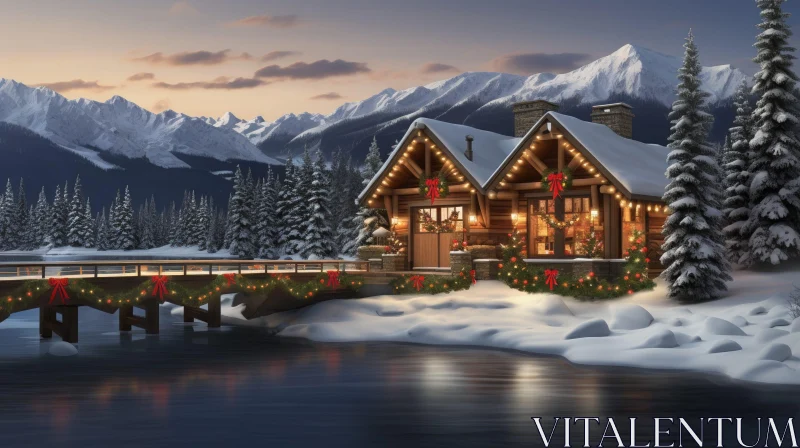 AI ART Winter Cabin Landscape in the Mountains