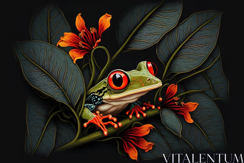 Captivating Green Frog Sitting on Leaves - Exotic Realism Illustration AI Image