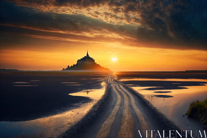 Captivating Sunset Landscape with Path to Saint Michel AI Image