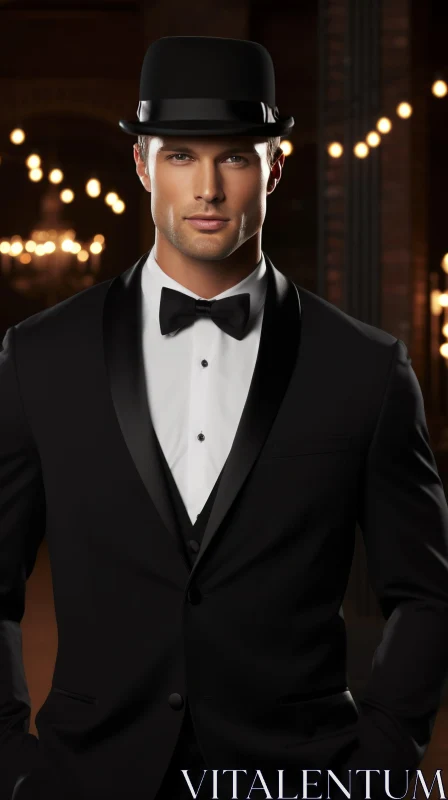 Elegant Young Man in Black Tuxedo and Top Hat AI Image