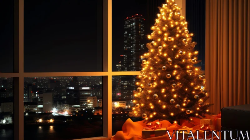 Festive Christmas Tree in Living Room with City View AI Image