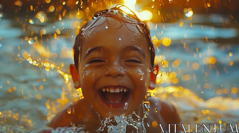 Joyful Child Playing in Water | Sunlight Bokeh Effect AI Image