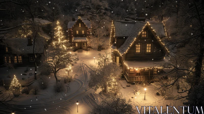 Snowy Village at Night - Winter Serenity AI Image