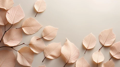 Branch with Light Pink Leaves on Beige Background