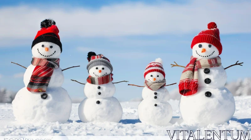 Cheerful Snowmen Family in Snowy Field AI Image