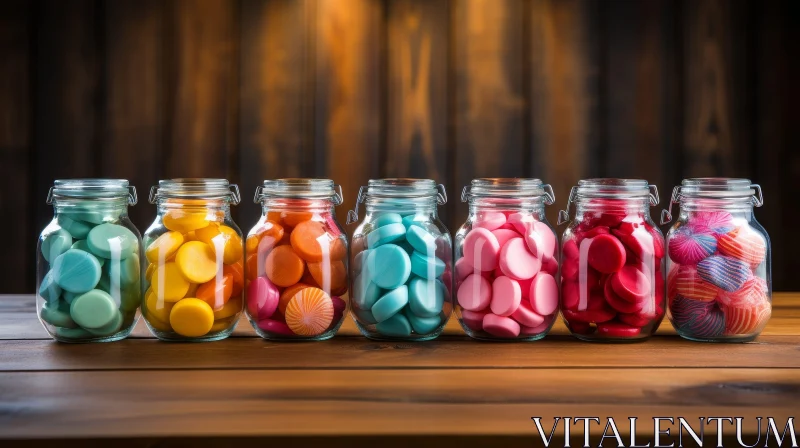 Colorful Rainbow Candies in Glass Jars on Wooden Table AI Image