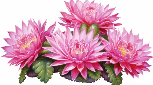 Pink Water Lilies and Green Leaves in a Serene Composition