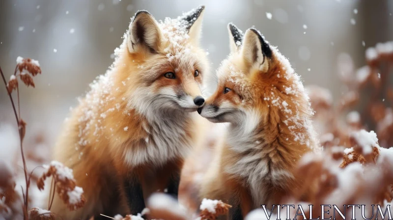 AI ART Red Foxes in Snow: Wildlife Encounter in the Forest