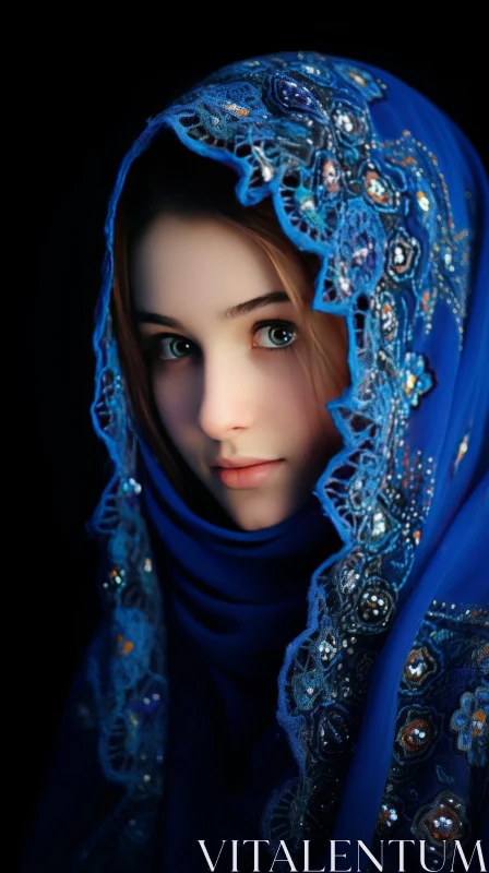 Serious Young Girl in Blue Headscarf - Portrait Photography AI Image