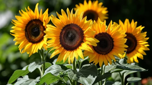 Sunflowers Bloom Against Green Foliage