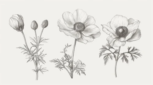 Anemone Flowers Botanical Drawing