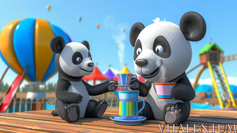 Cheerful Cartoon Pandas in Colorful Amusement Park AI Image