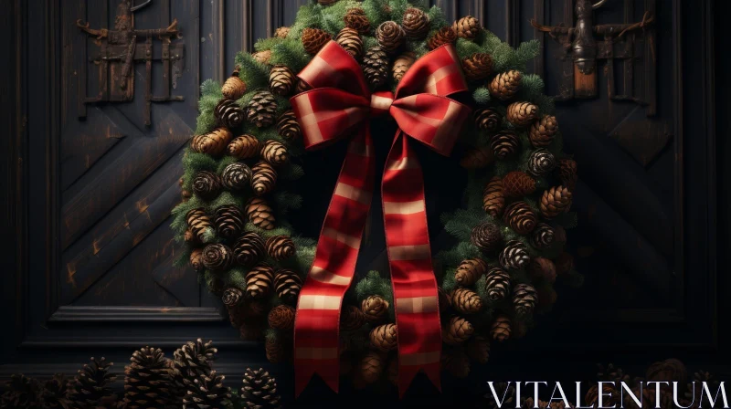 AI ART Christmas Wreath Decor - Festive Pine Cones and Red Ribbon
