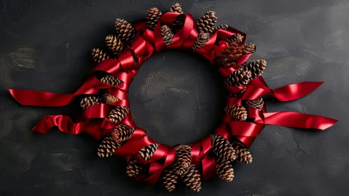 Christmas Wreath with Pine Cones and Red Ribbon