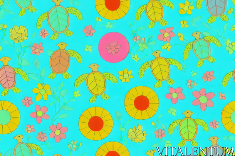 Colorful Tropical Pattern with Turtles on a Blue Background AI Image