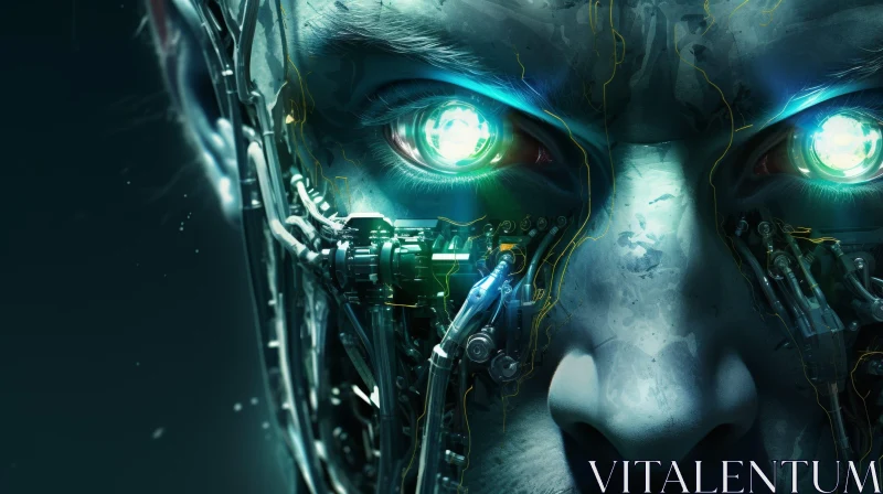 Cyborg Face Close-up with Green Eyes AI Image