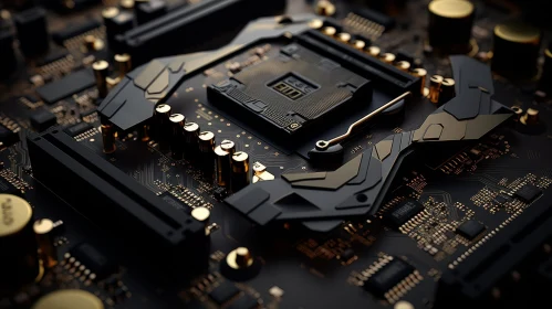 Detailed View of Black and Gold Computer Motherboard