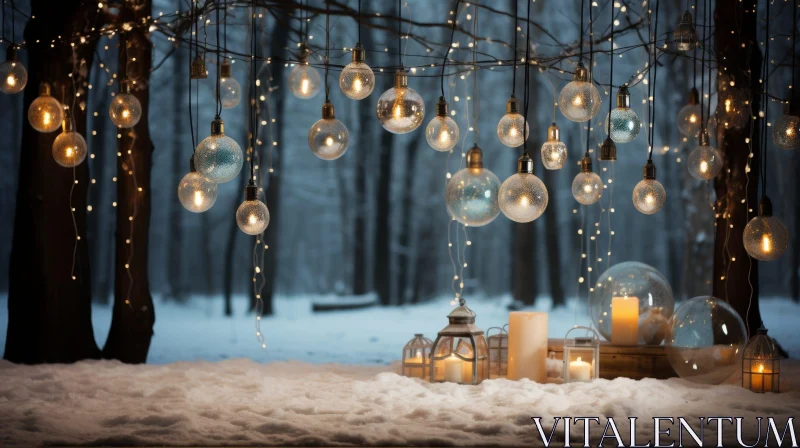 Enchanting Winter Forest Scene with Lanterns and Lights AI Image
