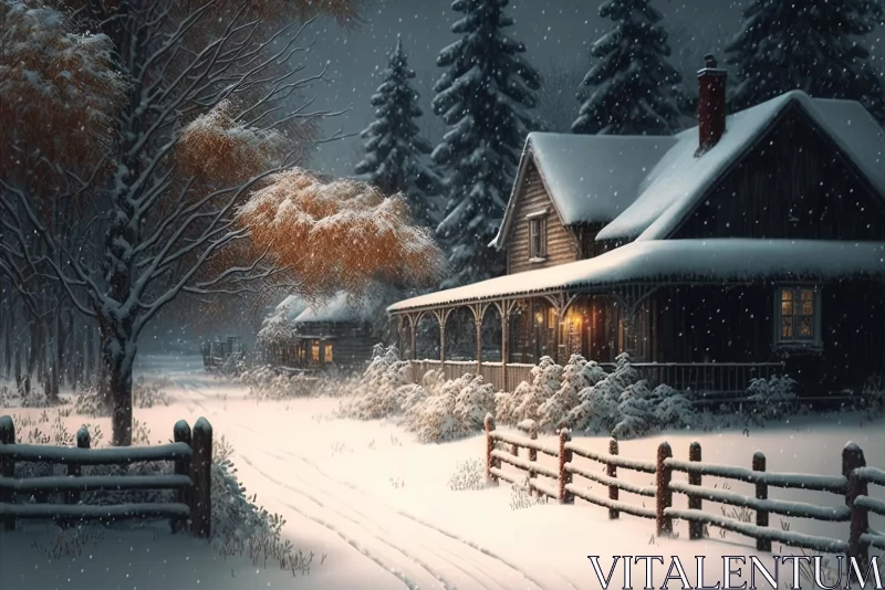 Enchanting Winter Landscape with Cottage - Serene Illustration AI Image