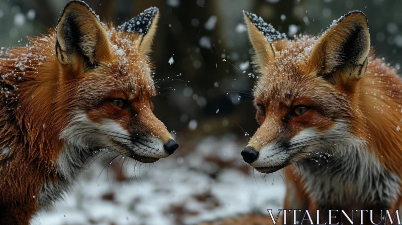 Intense Encounter: Red Foxes in Snow-Covered Forest AI Image