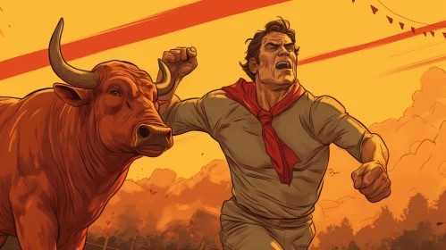 Man Running from Bull in Comic Style