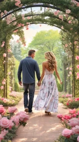 Romantic Couple Stroll Through Rose Garden