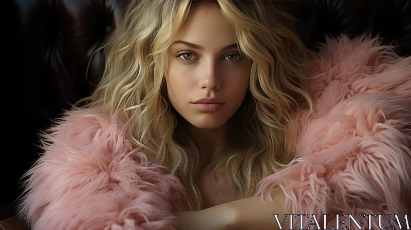 Serious Portrait of a Young Woman in Pink Fur Coat AI Image