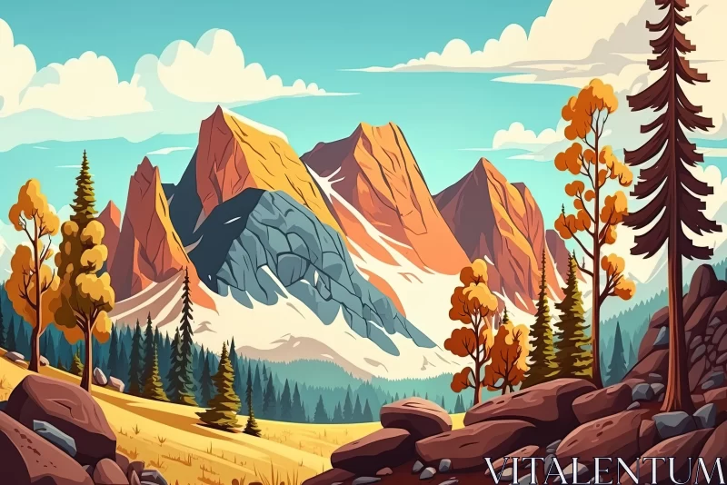 Cartoon Landscape Painting with Trees and Rocky Mountains AI Image