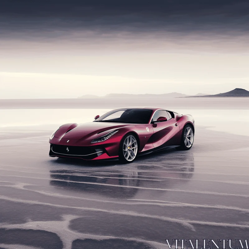 Red Ferrari Sports Car on an Empty Beach | Futuristic Chromatic Waves AI Image
