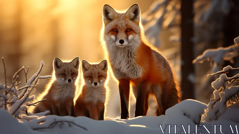 AI ART Red Fox and Cubs in Snowy Forest