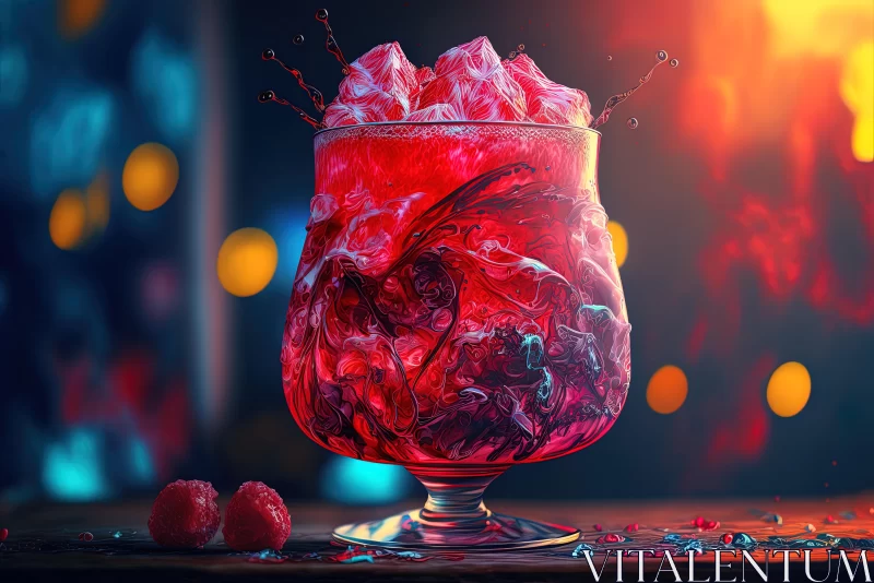 Vibrant Surrealism: Glass of Red Liquid and Raspberries AI Image