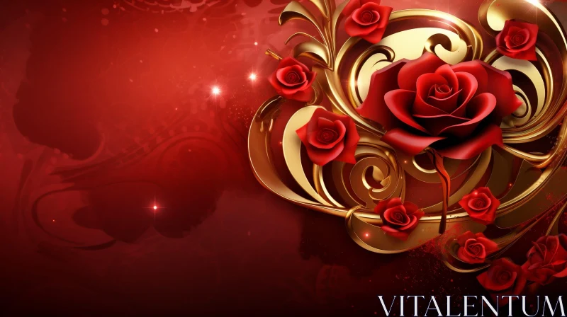 Exquisite 3D Red Rose with Golden Flourishes AI Image