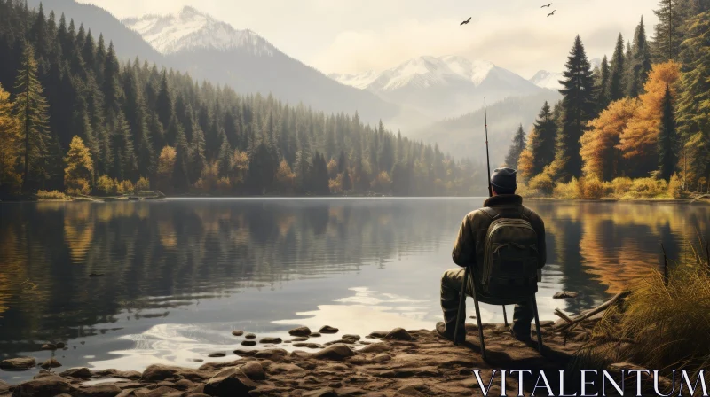 Tranquil Scene: Man Fishing by Calm Lake with Snowy Mountains AI Image