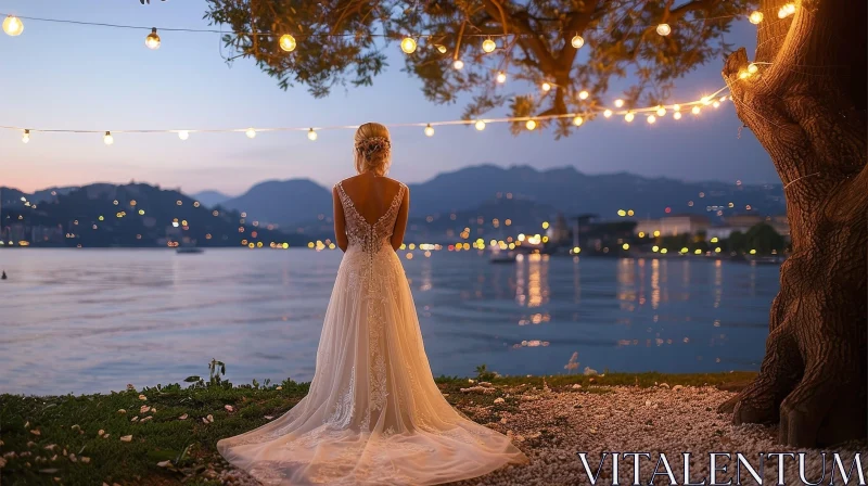 Bride by the Lake at Sunset - Serene Wedding Scene AI Image