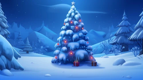Cartoon Christmas Tree in Snowy Forest