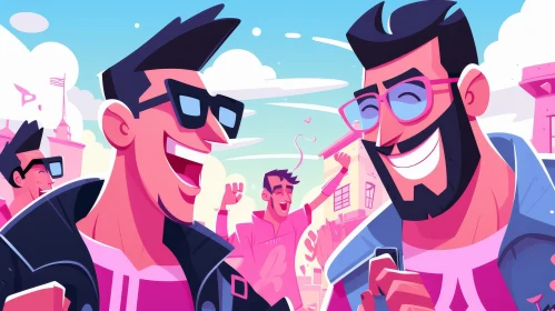 Cheerful Cartoon Men in Pink Shirts | Sky Illustration