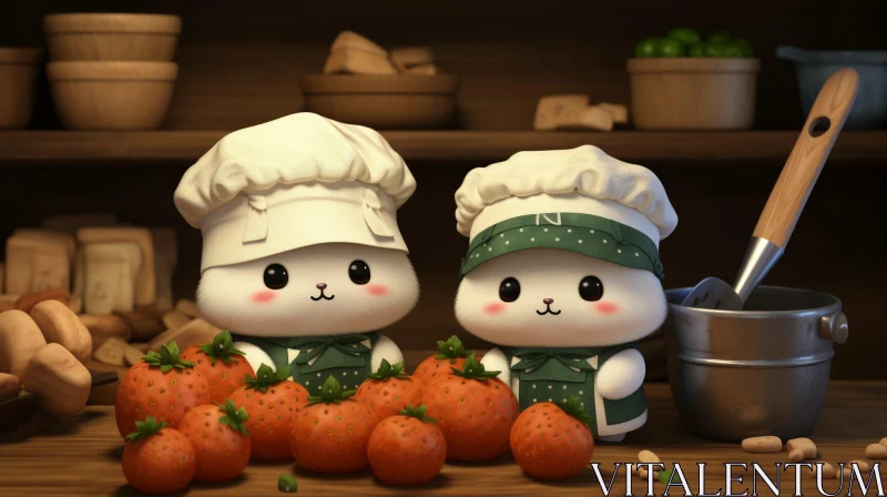 Cheerful Cartoon Rabbits in Kitchen with Strawberries AI Image