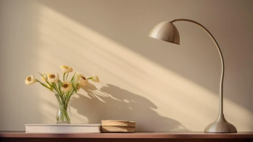 Desk Still Life with Lamp, Flowers, and Book