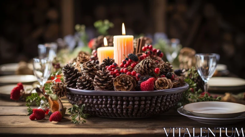 Elegant Table Setting with Pine Cone Centerpiece AI Image