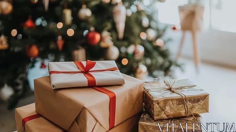 Festive Christmas Presents and Tree Scene AI Image