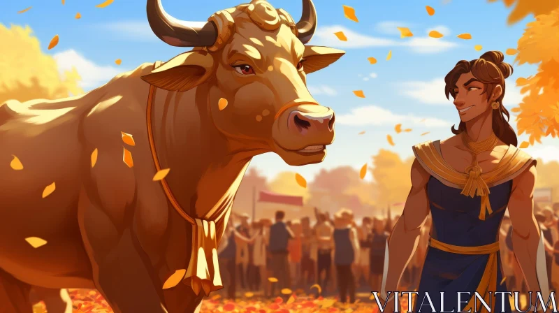 AI ART Man and Golden Bull in Forest Painting