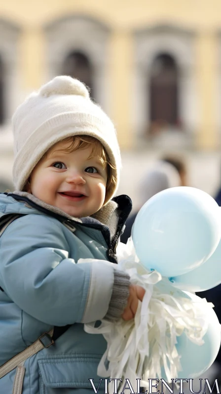 AI ART Smiling Toddler Boy with Blue Balloons
