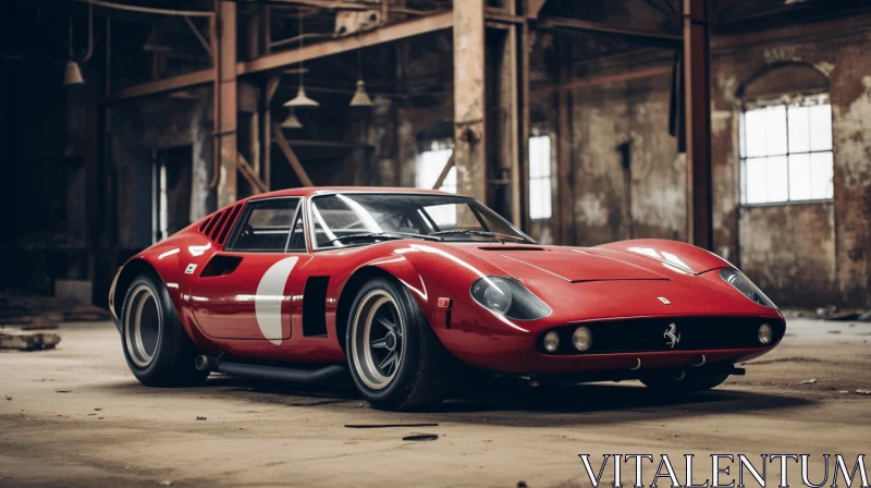 Captivating Image of a Red Sports Car in an Abandoned Building AI Image