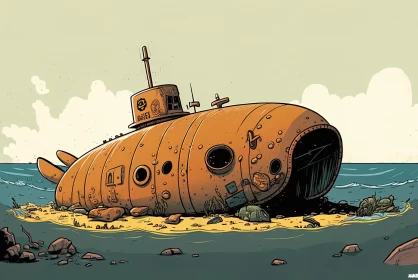 Charming Illustration of an Old Submarine in the Ocean