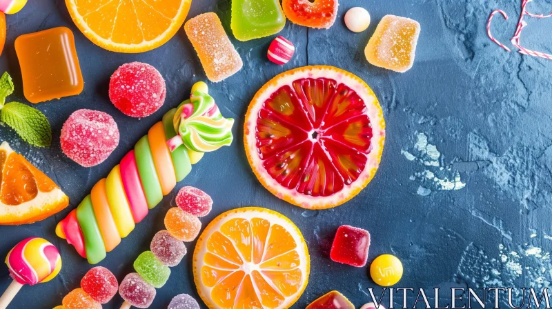Colorful Candies and Orange Slices on Blue Stone Background AI Image