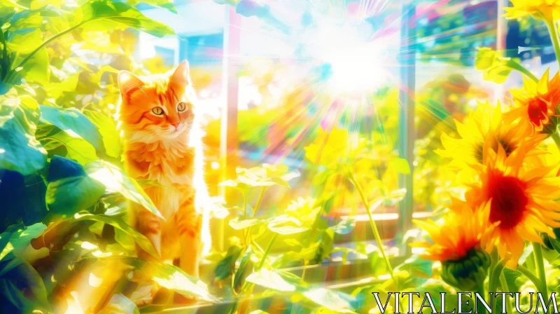 Curious Ginger Cat in Sunflower Garden AI Image