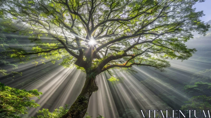 Enchanting Forest Scene with Majestic Tree and Sunlight AI Image